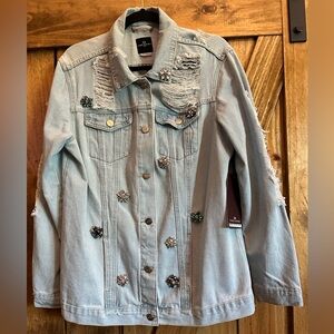 One 5 One Jean Jacket with Beautiful Embellishments. Small.  Oversized 42” Top